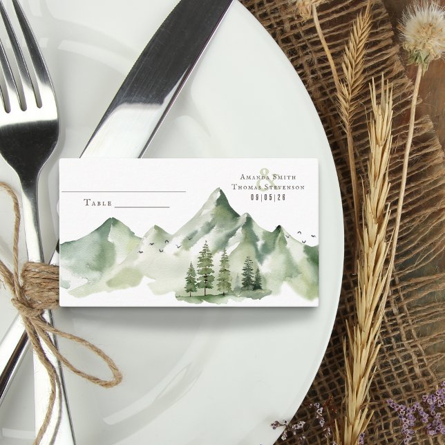 Elegant serene green mountain landscape place card (Creator Uploaded)