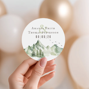 Elegant serene green mountain landscape wedding classic round sticker