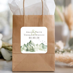 Elegant serene green mountain landscape wedding square sticker