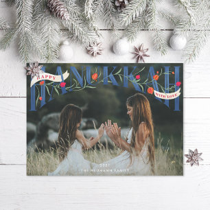 Elegant Serif Hand-Lettered Happy Hanukkah Photo Holiday Card