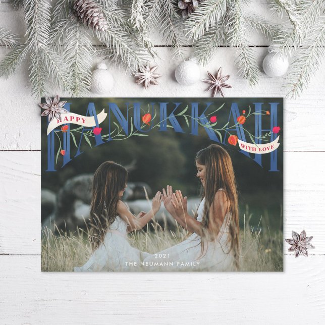 Elegant Serif Hand-Lettered Happy Hanukkah Photo Holiday Card (Creator Uploaded)