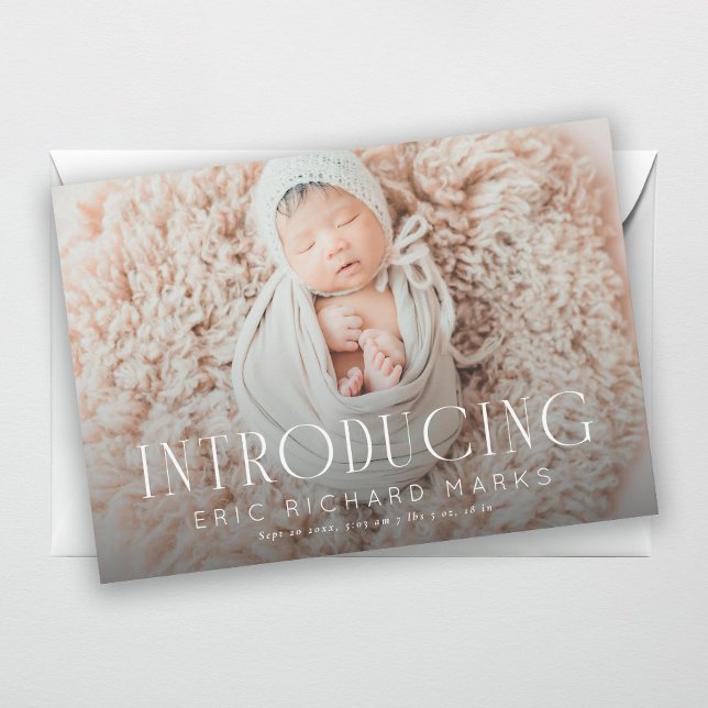 Elegant Serif Introducing Baby Photo Birth Announcement (Creator Uploaded)