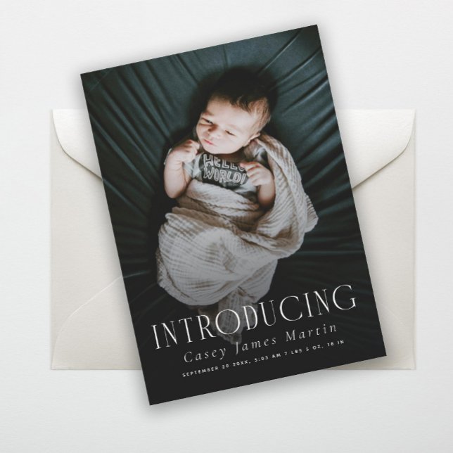 Elegant Serif Introducing Baby Photo Birth Announcement (Creator Uploaded)