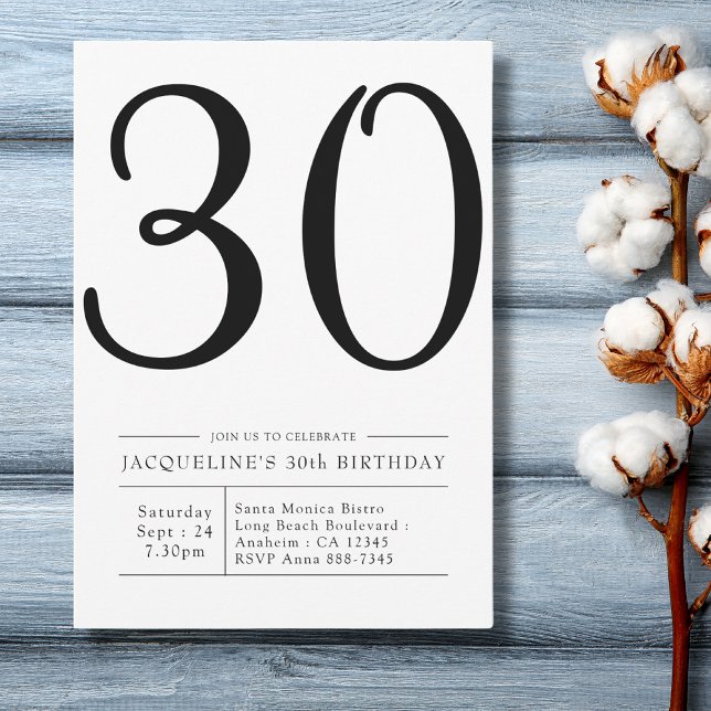 Elegant seventy 30th Birthday Simple Party Invitation (modern simple black and white 30th birthday invitation on a blue wood background.)