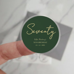 Elegant Seventy Birthday Sticker–Green Gold Script Classic Round Sticker