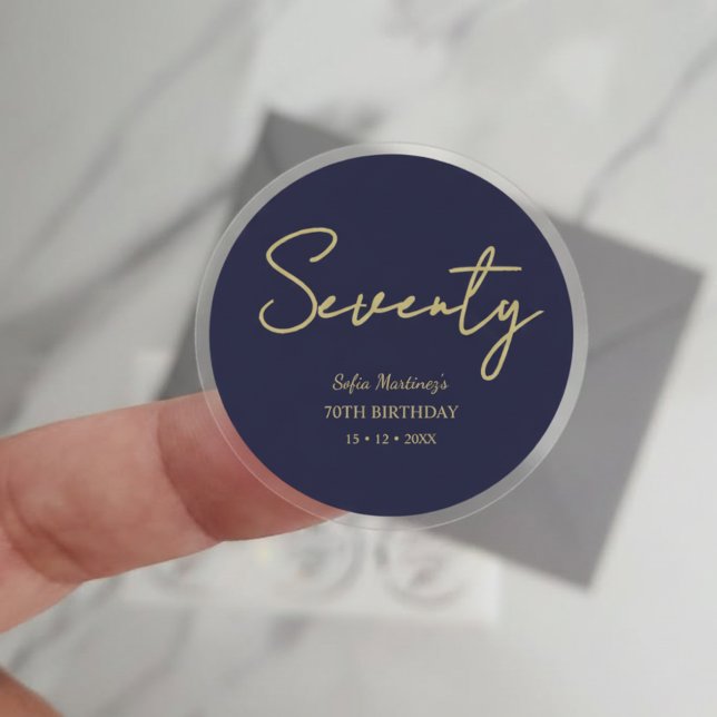 Elegant Seventy Birthday Sticker–Navy Gold Script Classic Round Sticker (Creator Uploaded)