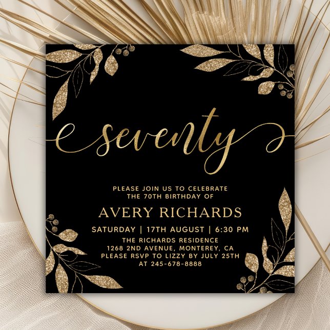 Elegant Seventy Gold Script Black 70th Birthday Invitation (Creator Uploaded)