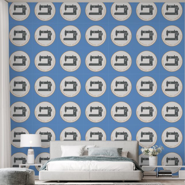 Elegant Sewing Machine Art Blue Orange Pattern Wallpaper (Bedroom)