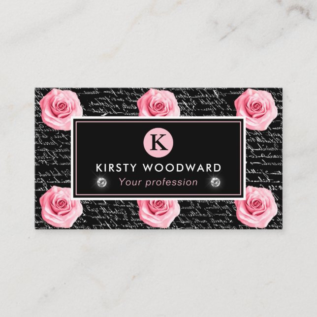 Elegant Shabby Chic Pink and Black Roses Pattern Business Card (Front)