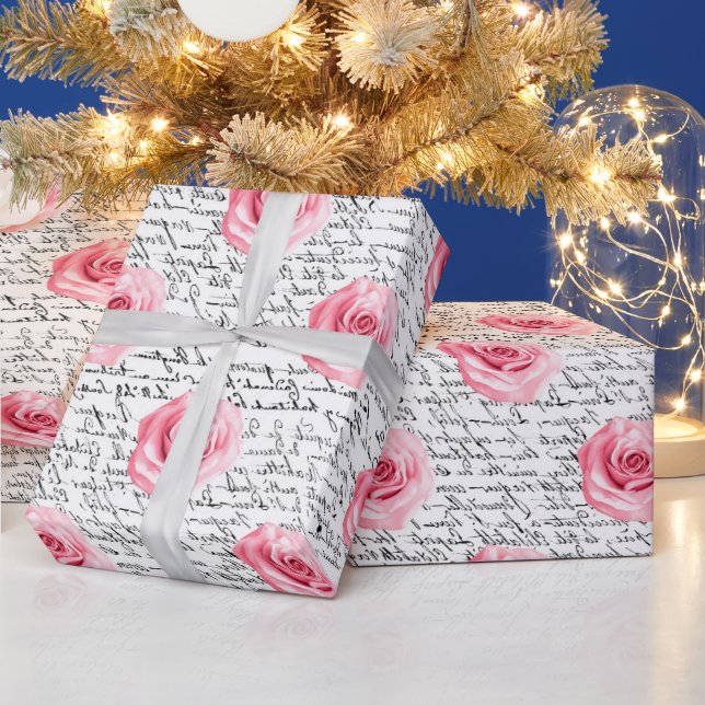 Elegant Shabby Chic Pink Roses and Handwriting Wrapping Paper (Holidays)