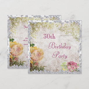 Elegant Shabby Chic Roses & Diamonds 30th Birthday Invitation