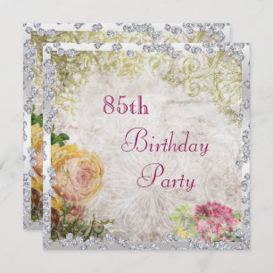 Elegant Shabby Chic Roses & Diamonds 85th Birthday Invitation