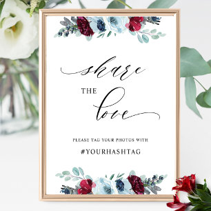 Elegant Share the Love, Blue Burgundy Hashtag Sign