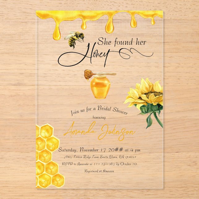 Elegant She Found Her Honey Bee Bridal Shower Acrylic Invitations (Front)
