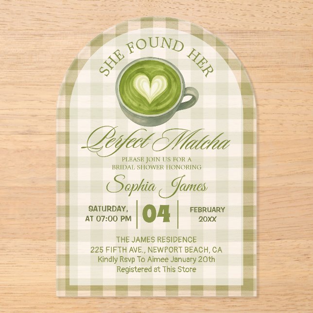 Elegant She Found Her Perfect Matcha Bridal Shower Acrylic Invitations (Front)