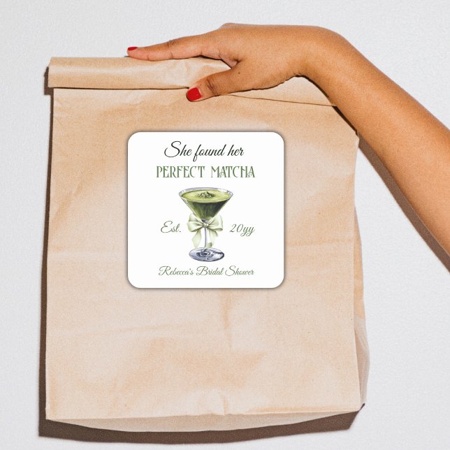 Elegant She Found Her Perfect Matcha Bridal Shower Square Sticker (Creator Uploaded)