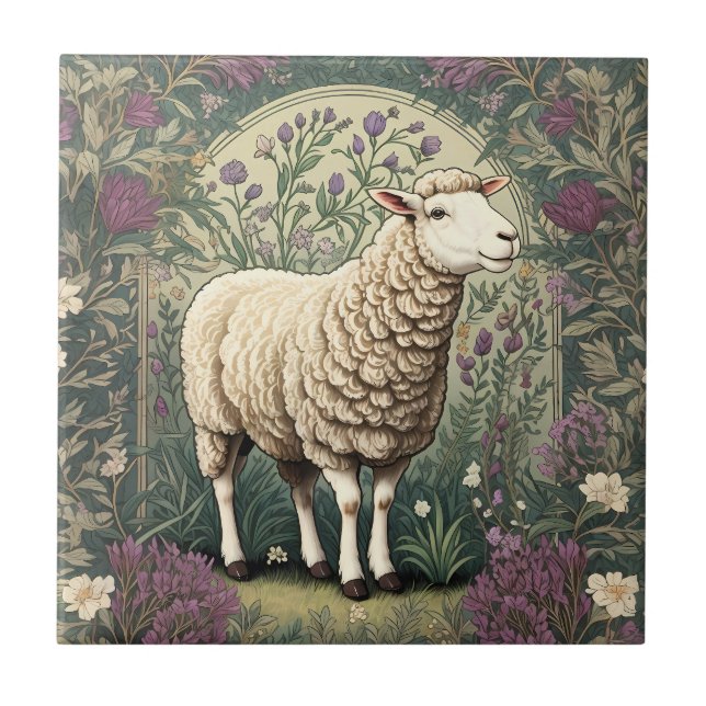 Elegant Sheep Lavender floral Background Tile (Front)