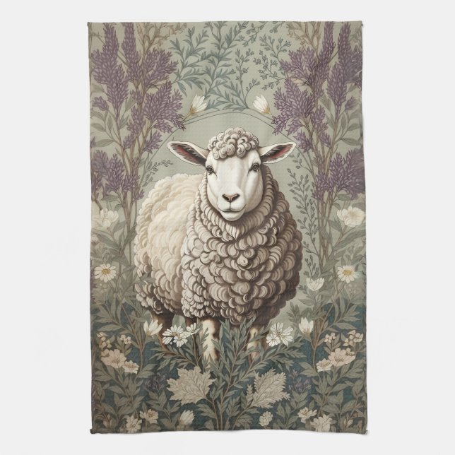 Elegant Sheep Lavender Flower Background Tea Towel (Vertical)