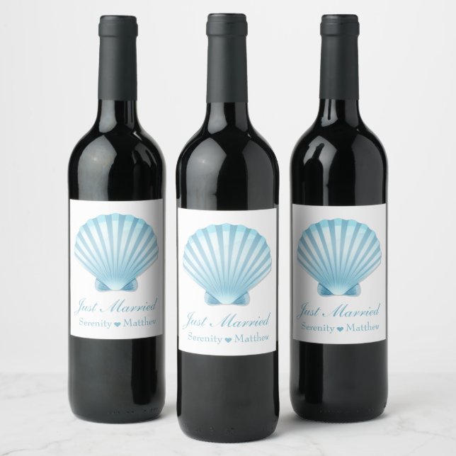 Elegant Shell Nautical Beach Just Married Wedding Wine Label (Bottles)