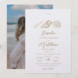 Elegant Shells White & Gold Coastal Wedding Invitation