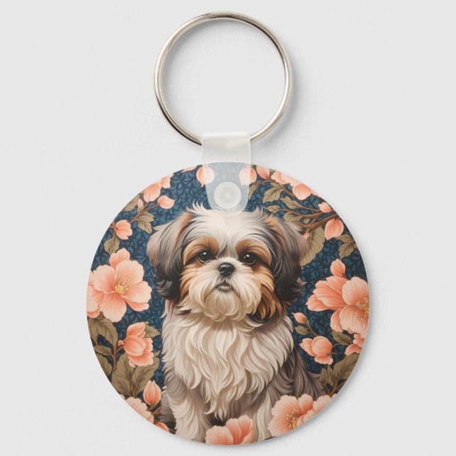 Elegant Shih Tzu Dog William Morris Inspired Key Ring (Front)