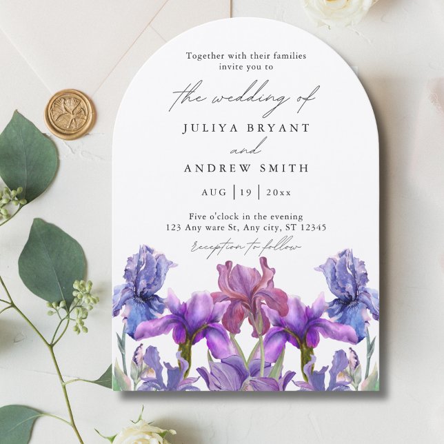 Elegant shimmer Iris floral arch script wedding Invitation (Creator Uploaded)