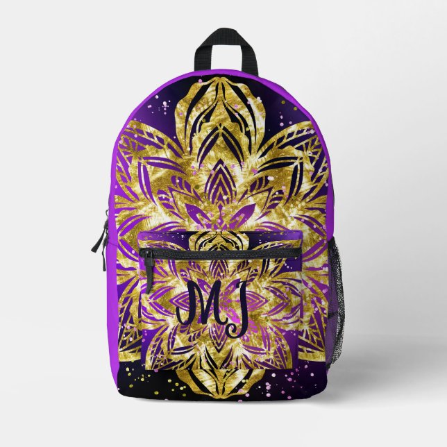 Elegant Shimmer Purple Gold Mandala Personalise Printed Backpack (Front)