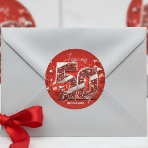 Elegant Shimmering Red and Silver 50th Birthday Classic Round Sticker