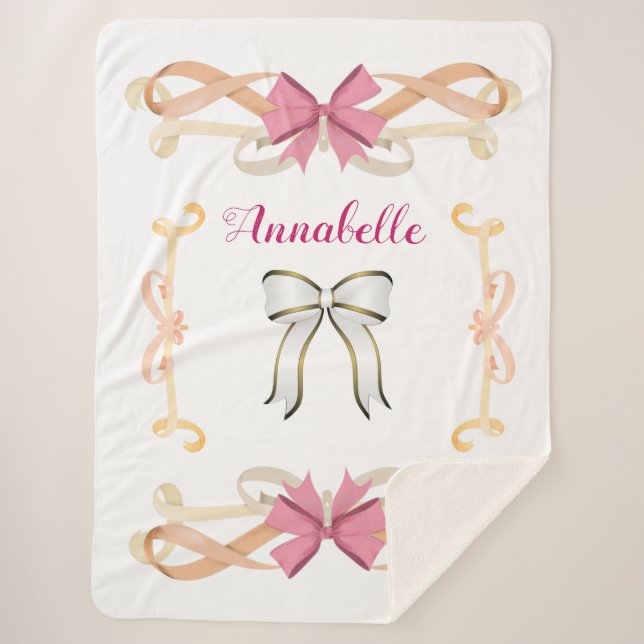 Elegant Shimmery Bow-Ribbon Name Personalise Sherpa Blanket (Front)