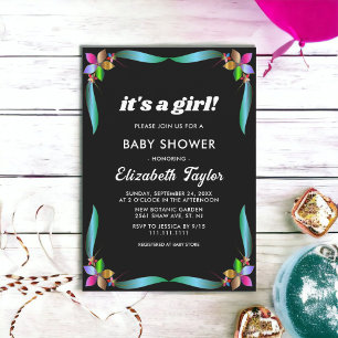 Elegant Shiny Black Modern Floral Girl Baby Shower Invitation
