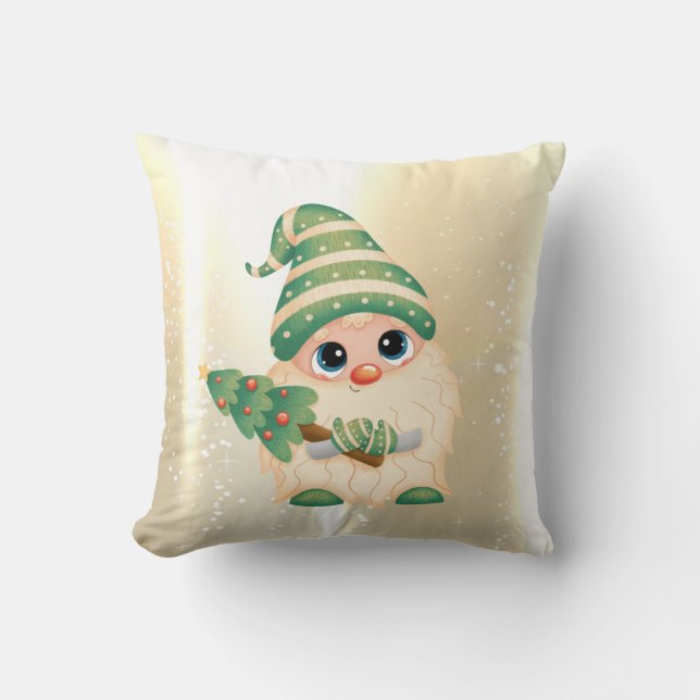 Elegant Shiny,Faux Gold Cute Gnome With Pine Tree Cushion (Front)