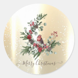 Elegant Shiny Faux Gold,Wreath Red Cardinal  Classic Round Sticker