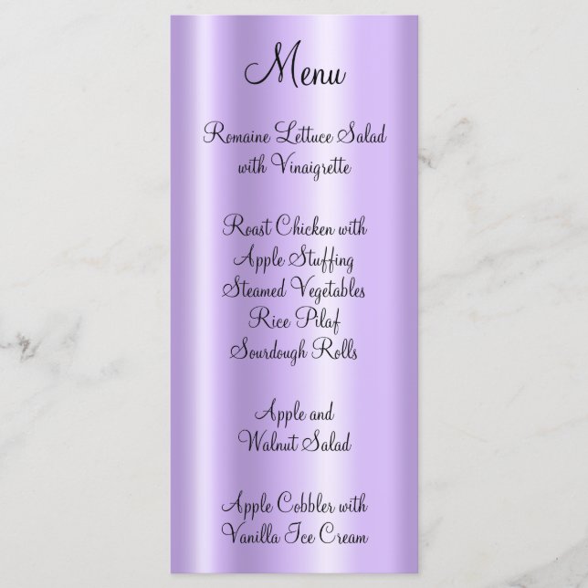 Elegant Shiny Faux Pale Purple Foil Menu (Front)