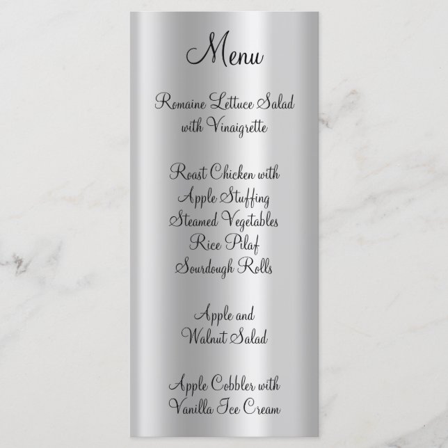 Elegant Shiny Faux Pale Silver Foil Menu (Front)