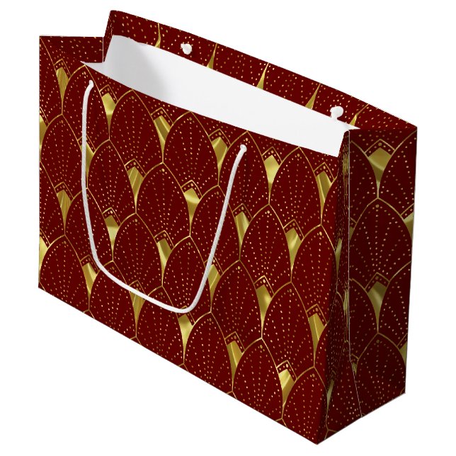 Elegant Shiny Gold Art Deco Pattern On Dark Red Large Gift Bag (Front Angled)