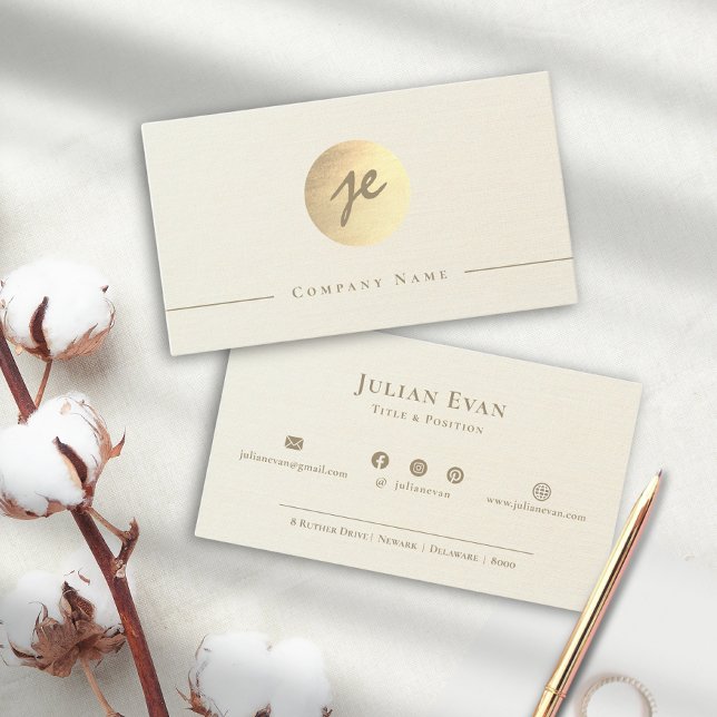 Elegant Shiny Gold Creamy White Script Monogram Business Card (Creator Uploaded)