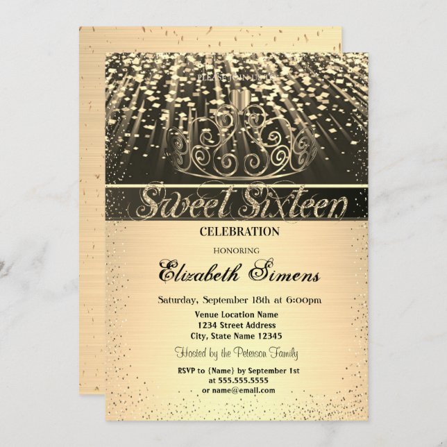 Elegant Shiny Gold Tiara Confetti Sweet 16 Invitation (Front/Back)