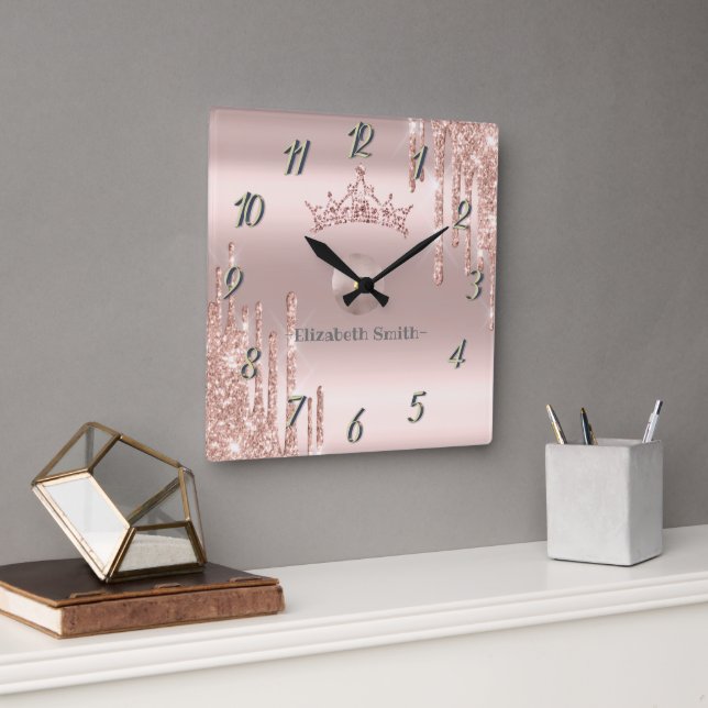 Elegant shiny golden rose square wall clock (Office)