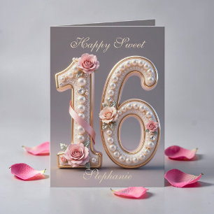 Elegant Shiny Pearl Rose Gold Sweet 16 Birthday Card