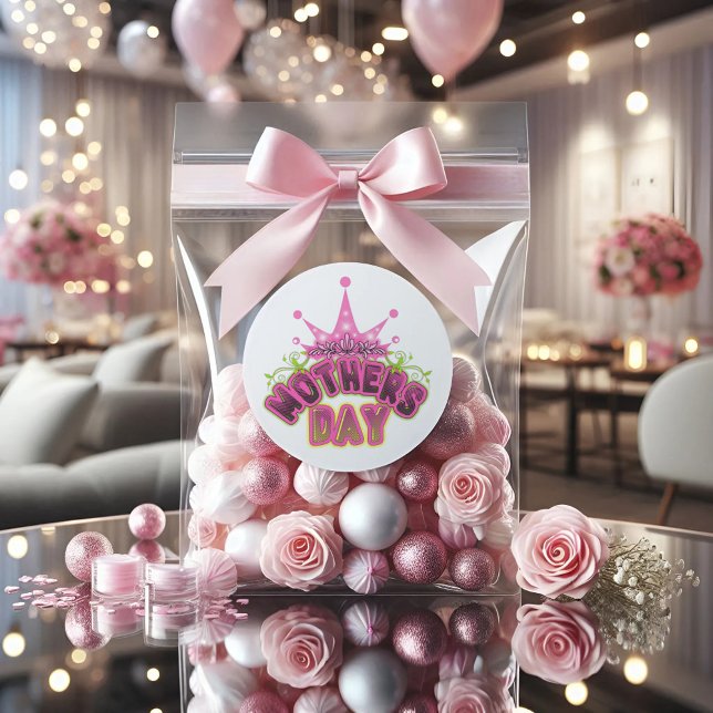 Elegant Shiny Pink Queen Crown Happy mothers day  Classic Round Sticker (Creator Uploaded)