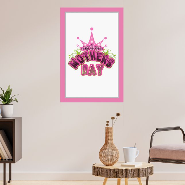 Elegant Shiny Pink Queen Crown Happy mothers day  Poster (Living Room 3)