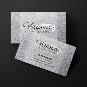 Elegant Shiny Silver Glitter Maid House Cleaning Business Card