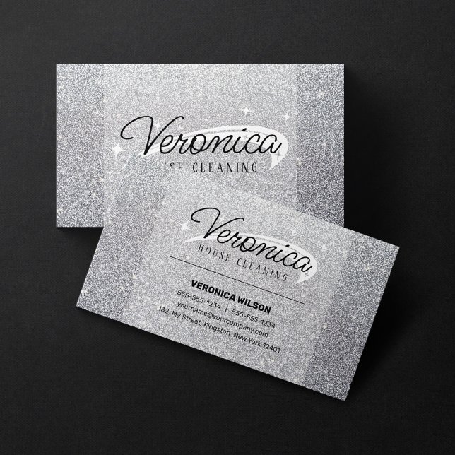 Elegant Shiny Silver Glitter Maid House Cleaning Business Card (Creator Uploaded)