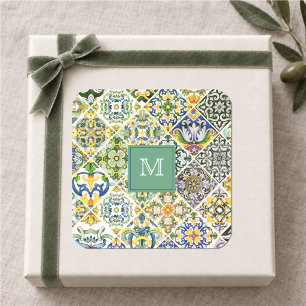 Elegant Sicilian Mediterranean green tiles Square Sticker
