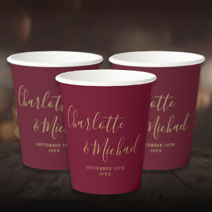 Elegant Signature Burgundy and Gold Script Wedding Paper Cups