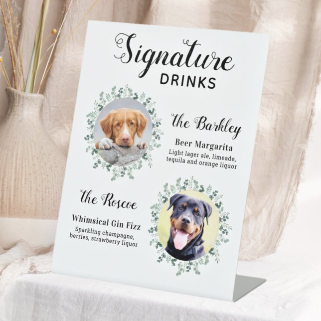 Elegant Signature Drinks Pet Wedding Dog 2 Photo Pedestal Sign (Creator Uploaded)
