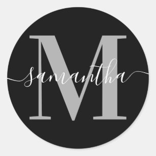 Elegant Signature Grey Modern Monogram Black Classic Round Sticker