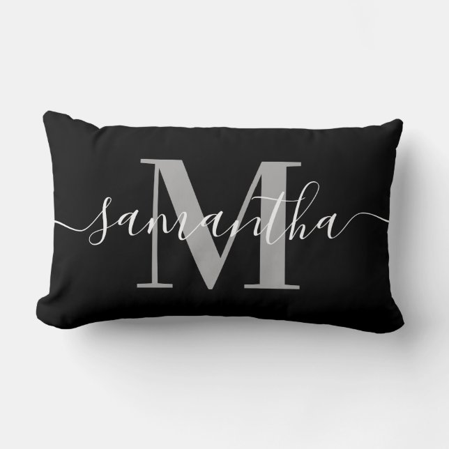 Elegant Signature Grey Modern Monogram Black Lumbar Cushion (Front)