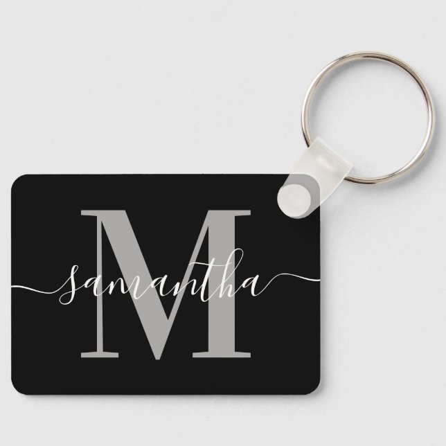 Elegant Signature Grey Modern Monogram Black Photo Key Ring (Front)
