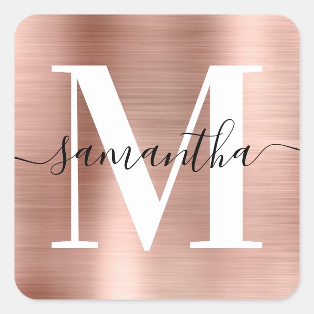 Elegant Signature Modern Monogram Rose Gold Foil Square Sticker (Front)